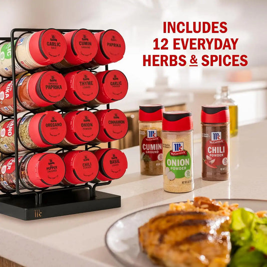 McCormick Spice Rack, Essentials Collection, Black Metal Spice Rack Organizer with 12 Spices Included, Great Gift for Housewarming, Wedding & Bridal Shower, 12 count