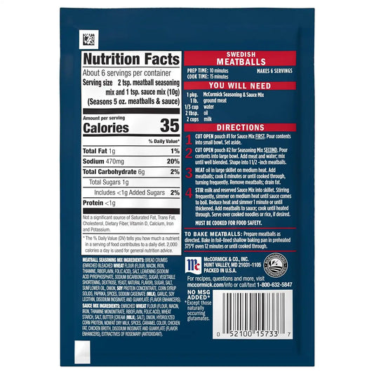 McCormick Swedish Meatballs Seasoning & Sauce Mixes, 2.11 oz (Pack of 6)
