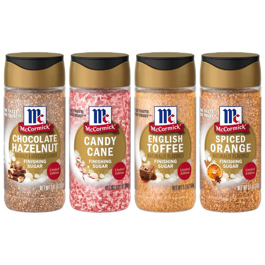 McCormick Finishing Sugar Variety Pack, Limited Edition, Includes Seasonal Winter Flavors Like Chocolate Hazelnut, Candy Cane, English Toffee, and Spiced Orange, For Baking & Beverages, 14.82 oz