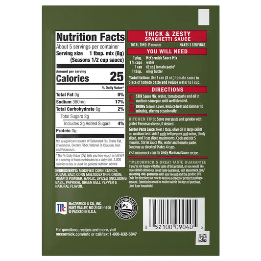 McCormick Spaghetti Sauce Seasoning Mix, Thick & Zesty, No Artificial Flavors, Quick and Easy Pasta Sauce for Pasta, Bakes, and More, 1.37 oz
