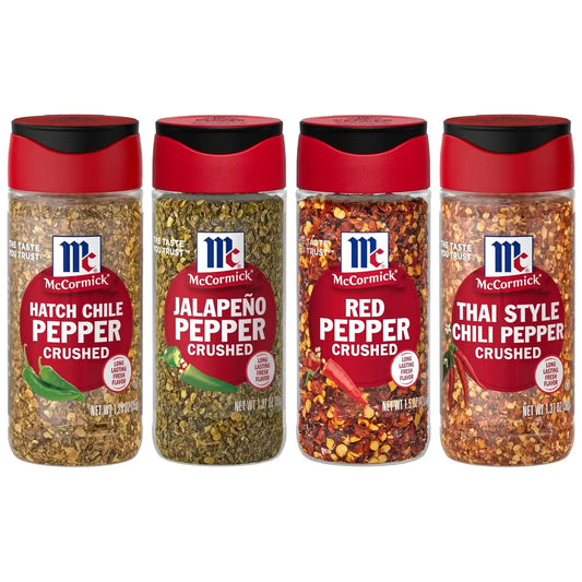 McCormick Crushed Pepper, Heat Lover Variety Pack, Mild to Hot Heat, Giftable Collection of Four Crushed Peppers for Adding Instant Heat to Eggs, Potatoes, Pasta, Guacamole, Tacos, Stir-Fry, Enchiladas, and More, 5.49 oz