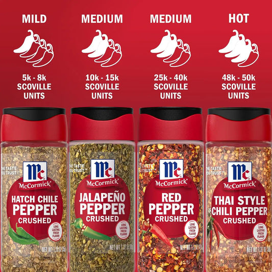 McCormick Crushed Pepper, Heat Lover Variety Pack, Mild to Hot Heat, Giftable Collection of Four Crushed Peppers for Adding Instant Heat to Eggs, Potatoes, Pasta, Guacamole, Tacos, Stir-Fry, Enchiladas, and More, 5.49 oz