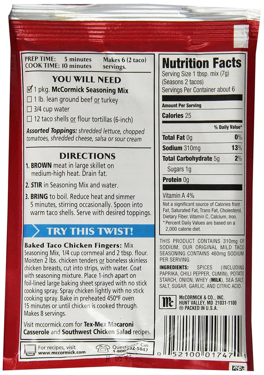 McCormick Taco, Mild Less Sodium Mix, 1.5-Ounce (Pack of 12)